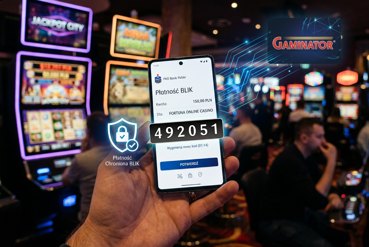 Sleek modern smartphone displaying a BLIK payment code with a blurred casino background