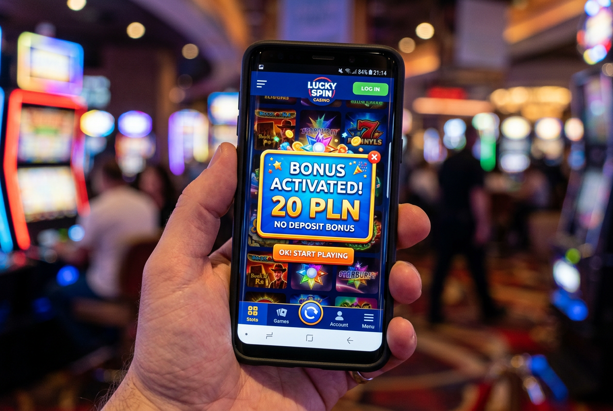 Modern smartphone displaying a 20 PLN casino bonus notification with neon lights