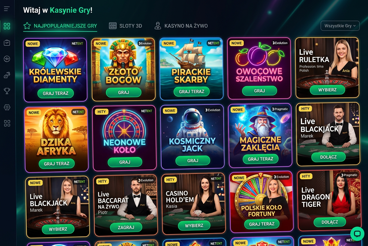 Selection of modern online casino games including video slots and live dealer tables