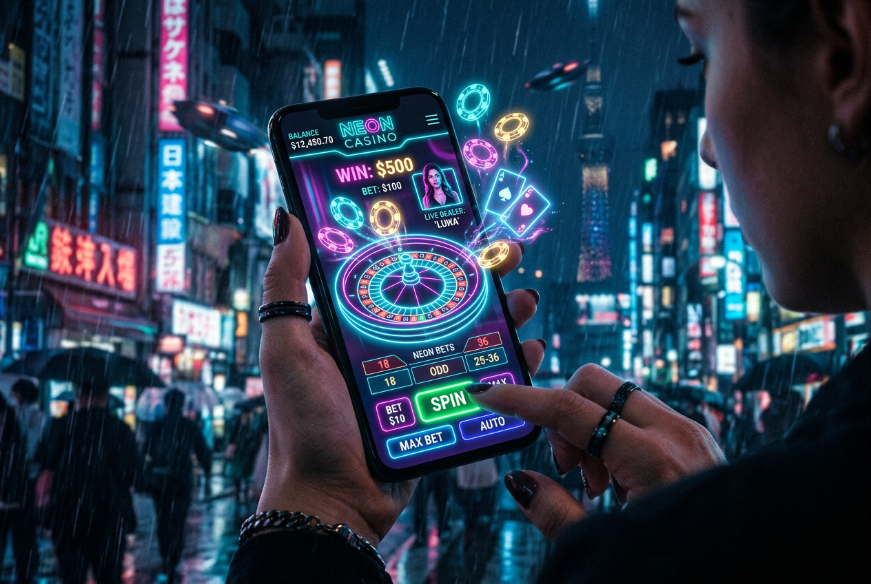 Futuristic smartphone display showing a modern casino app interface with neon lights and 3D casino elements
