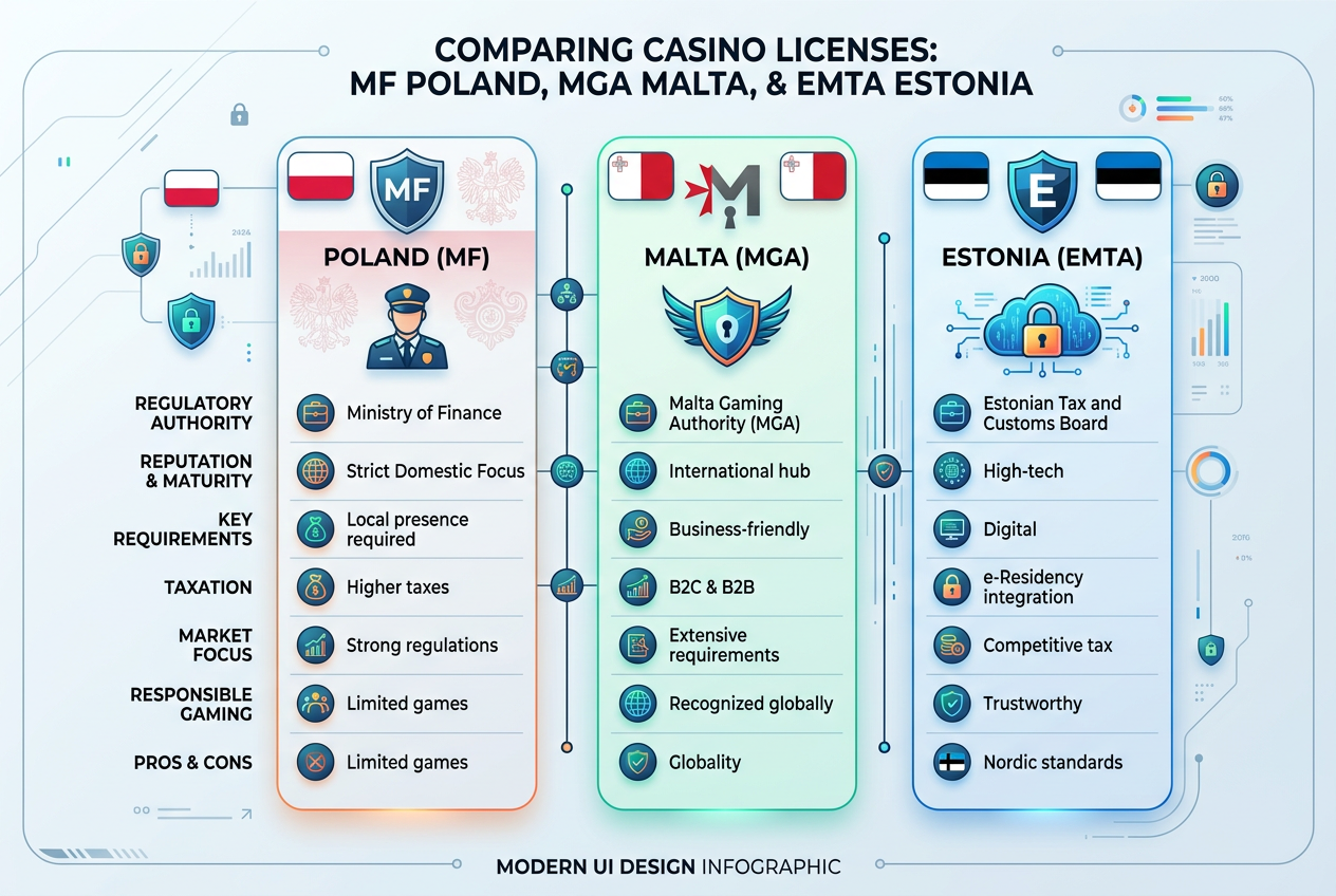 Infografika porównująca licencje kasynowe MF Polska, MGA Malta oraz Curacao w 2026 roku