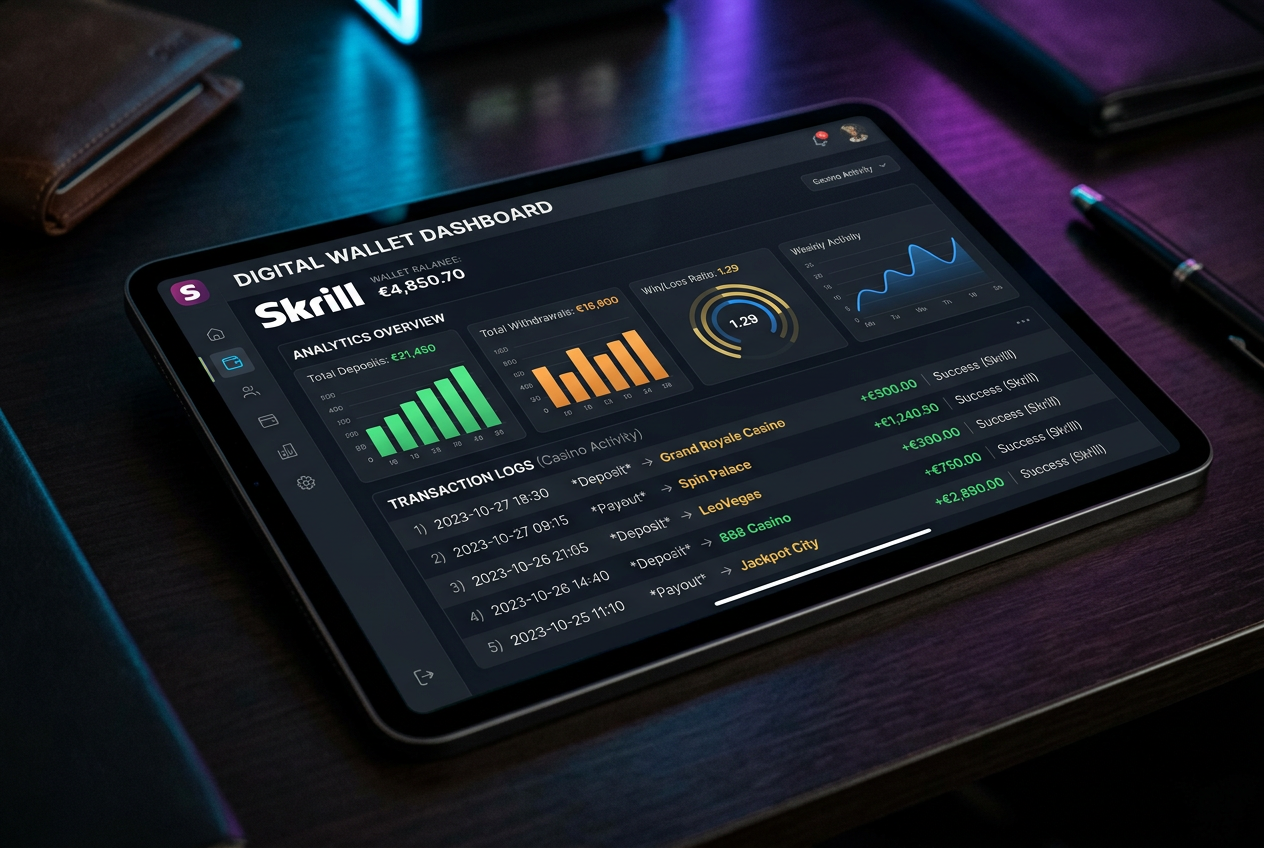 Analityk finansowy przeglądający statystyki portfela Skrill na tablecie w kontekście transakcji kasynowych