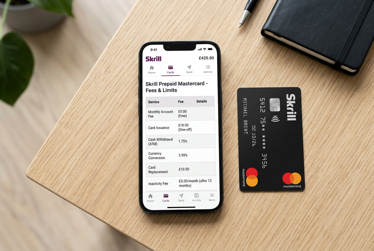 Smartfon prezentujący tabelę opłat obok fizycznej karty Skrill Mastercard